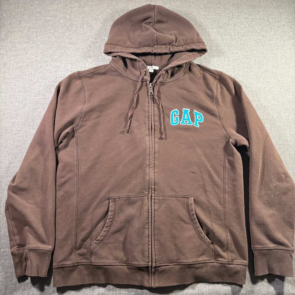 Gap Womens Full Zip Hoodie Brown Lightweight Embroidered Logo Stretch‎ XL Fleece